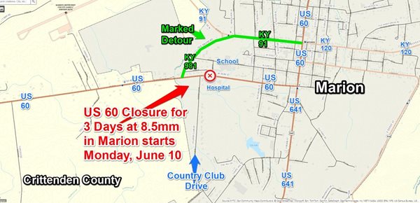 Closure of US 60 in Marion to start Monday for turn lane construction project